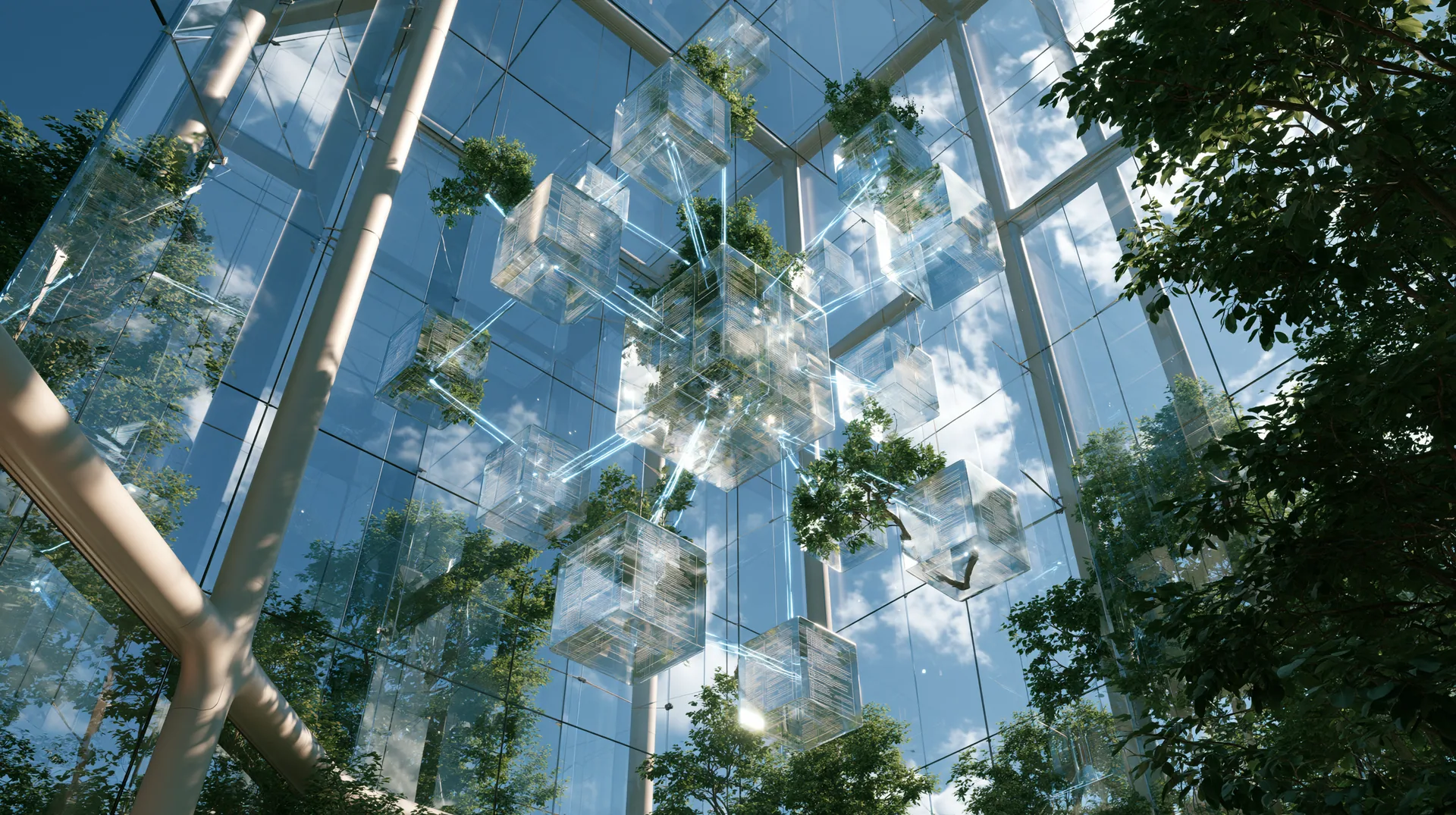 Looking up through a sunlit glass atrium with trees