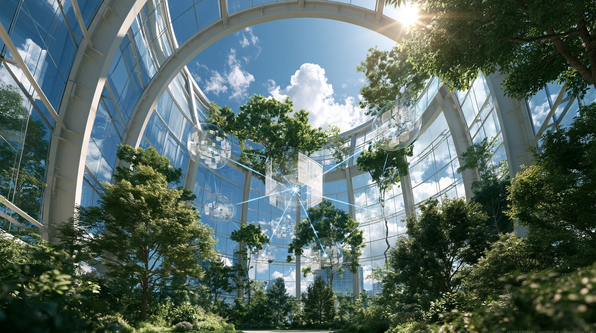 Looking up through a sunlit glass atrium with trees