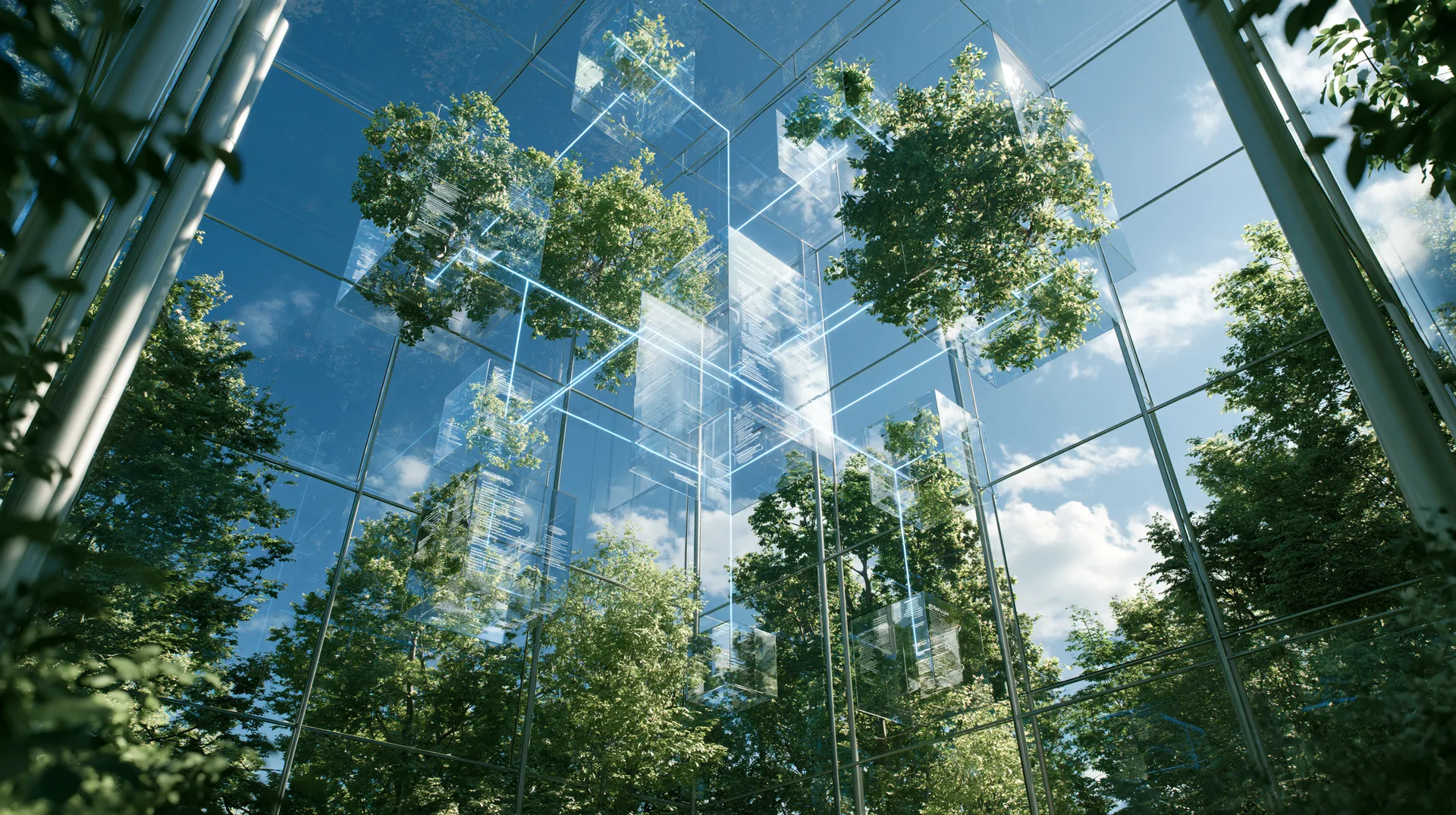 Looking up through a sunlit glass atrium with trees