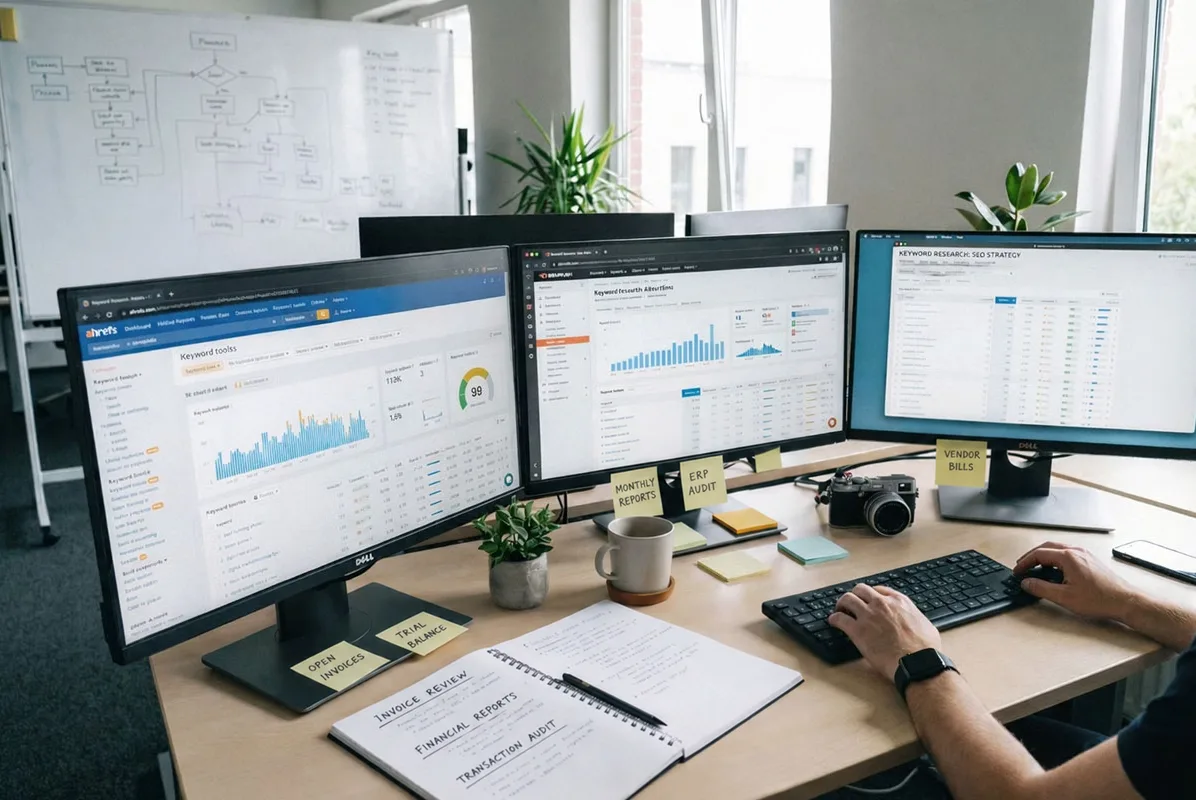 A finance workstation: three monitors, a notebook and sticky notes on a desk