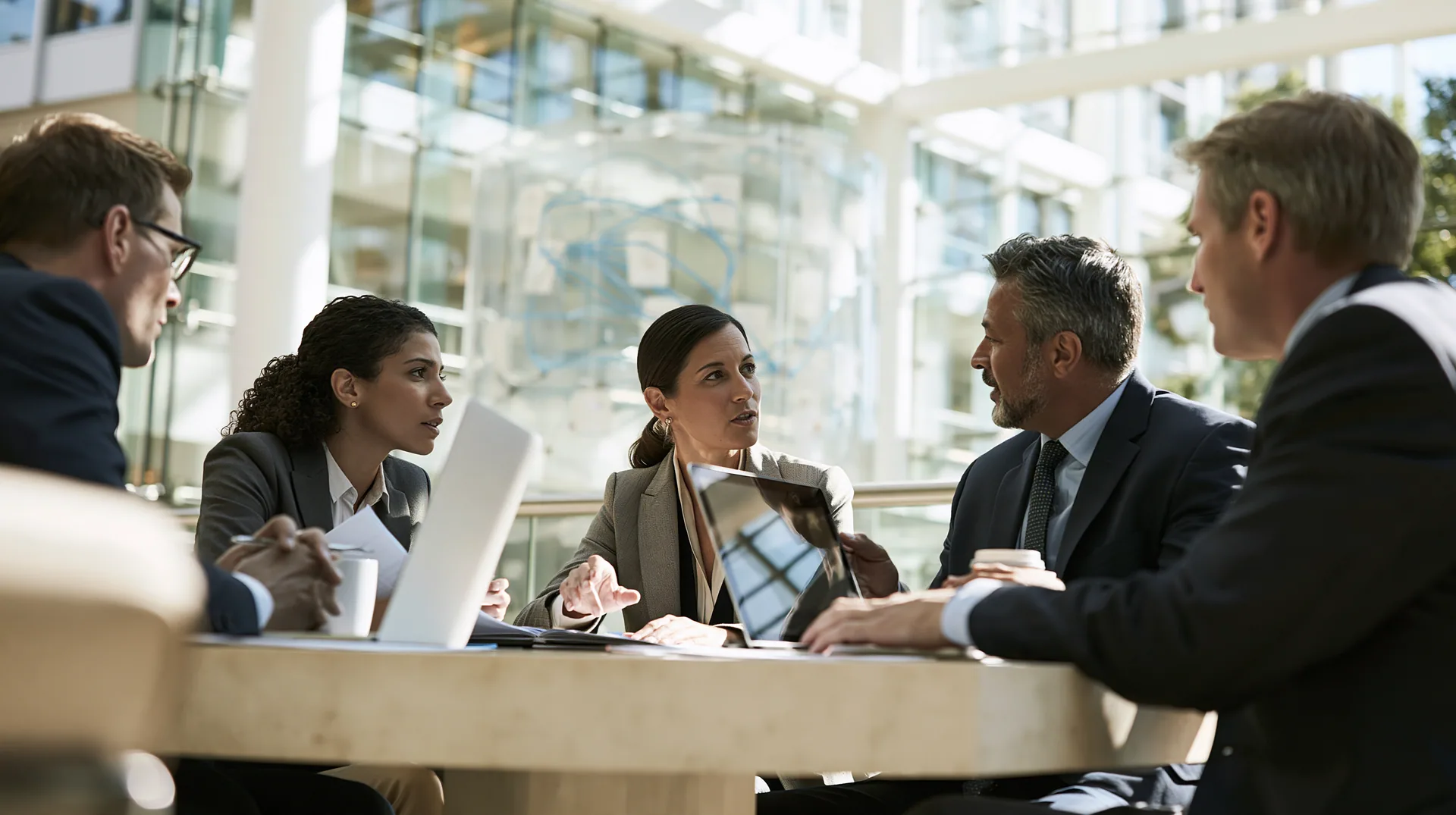 Illustration: a finance team around a table with laptops in a bright glass office
