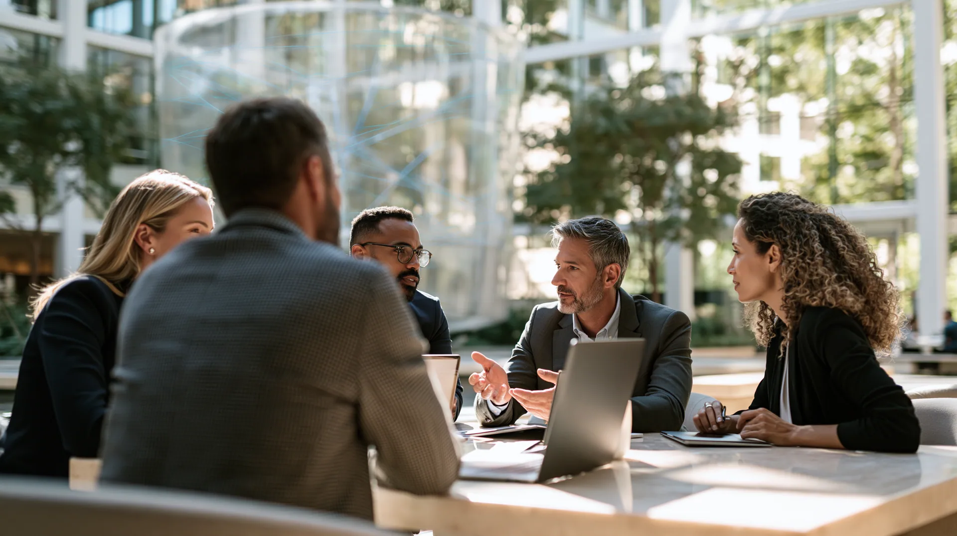 Illustration: a finance team around a table with laptops in a bright glass office