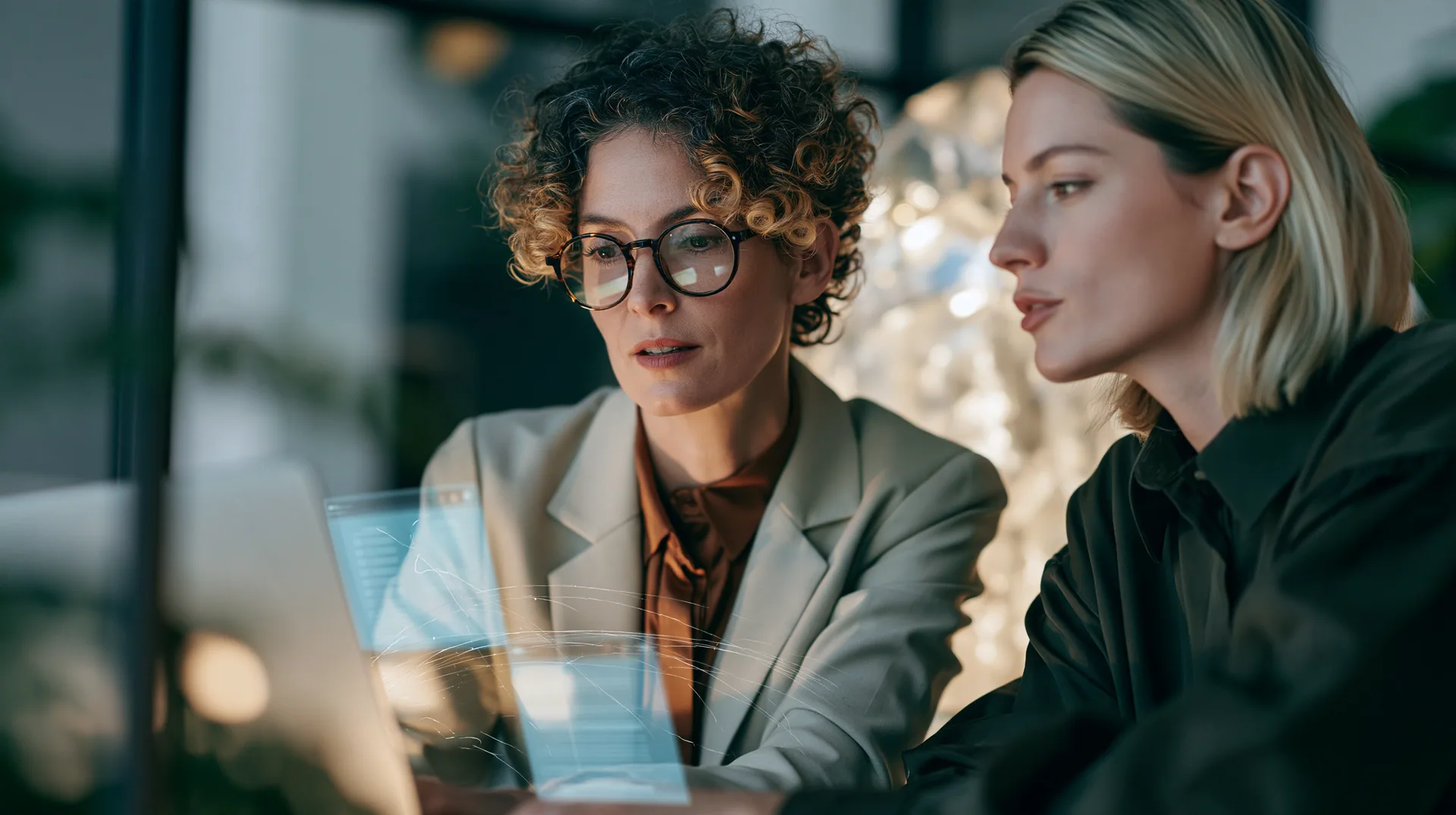 Illustration: two colleagues working through figures at a laptop