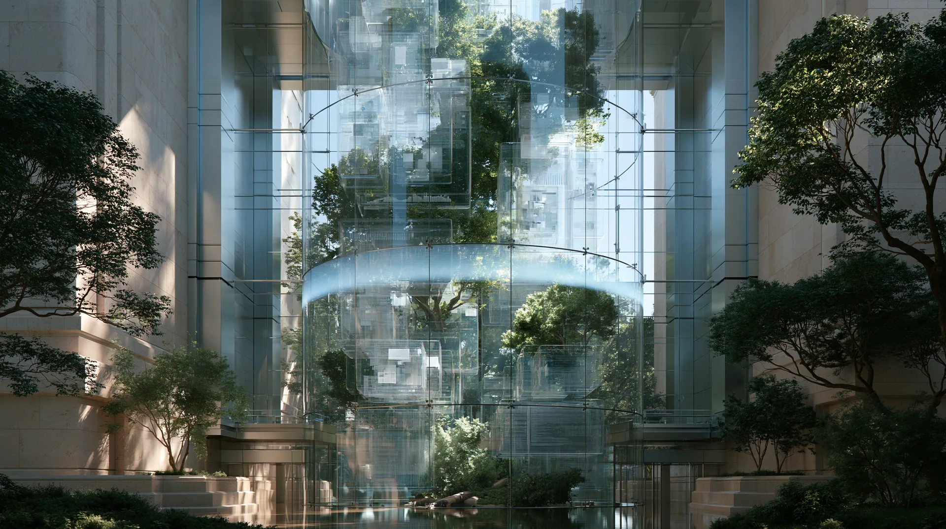 A glass vault of records rising through a bright atrium